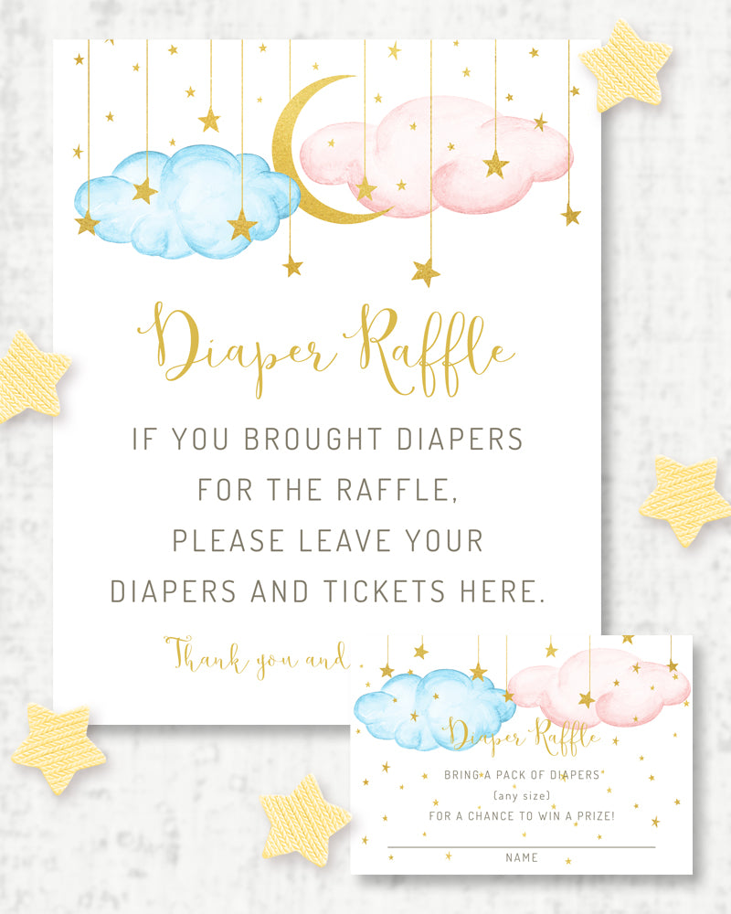twinkle twinkle little star diaper raffle sign and ticket with pink and blue clouds, gold moon and stars