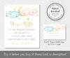 8 x 10 diaper raffle sign and 3.5 x 5 entry card, featuring pink and blue clouds with gold moon and stars