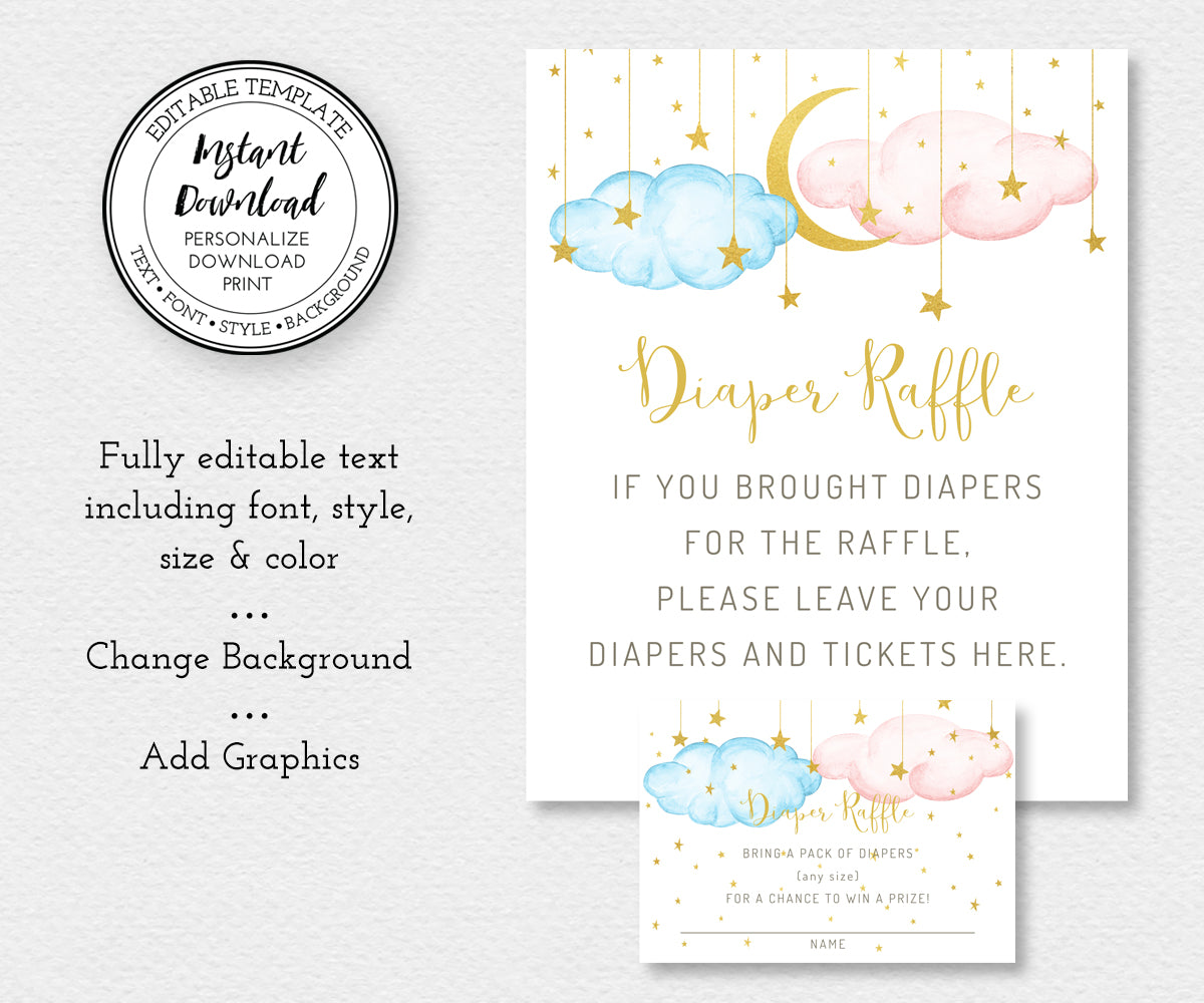diaper raffle sign and ticket editable templates, blue and pink clouds with gold moon and stars, twinkle little star theme game