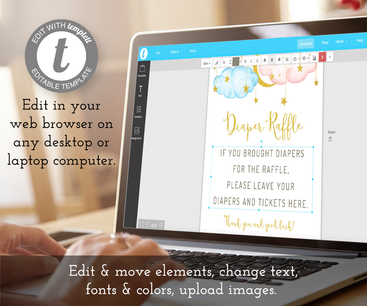 twinkle little star diaper raffle sign being edited on a laptop computer using templett online editing software