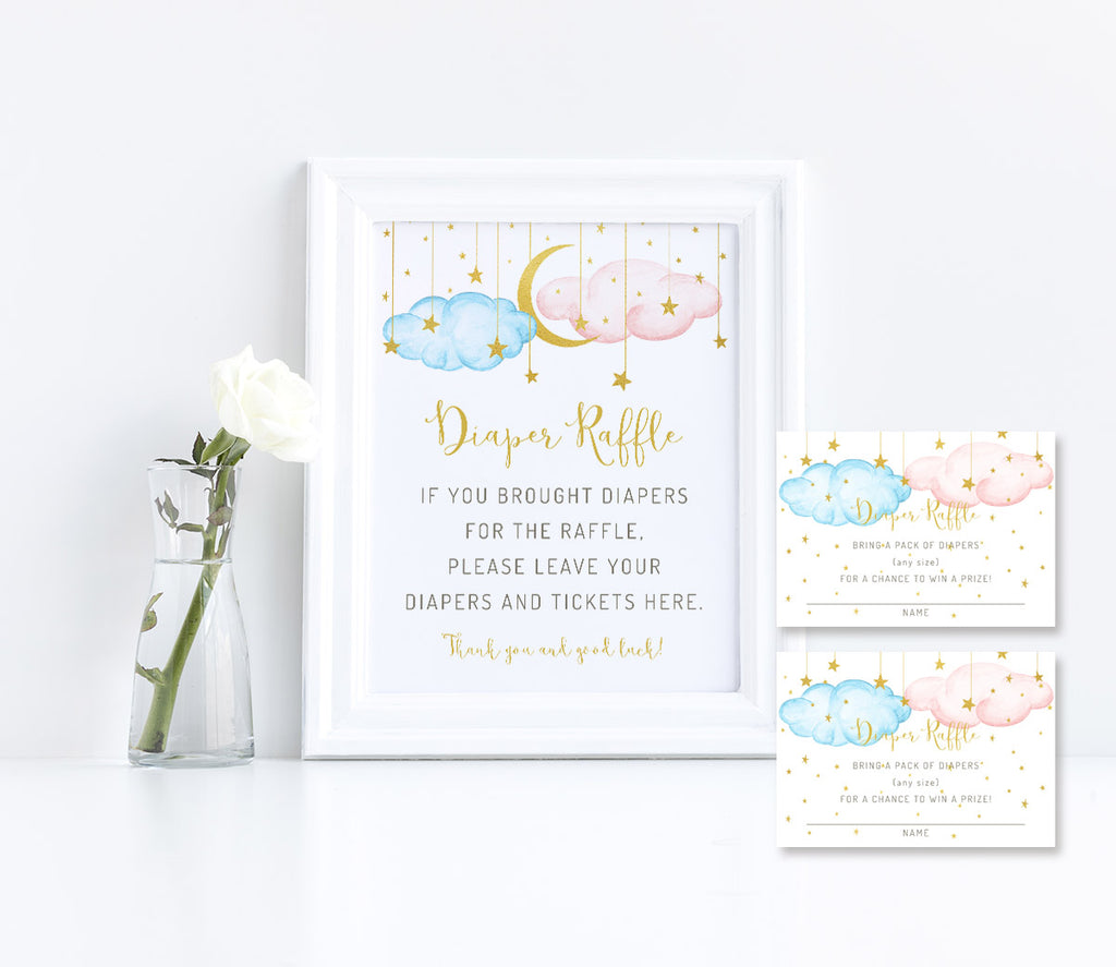 Twinkle twinkle little star diaper raffle game sign and entry ticket, editable templates for baby shower or gender reveal game