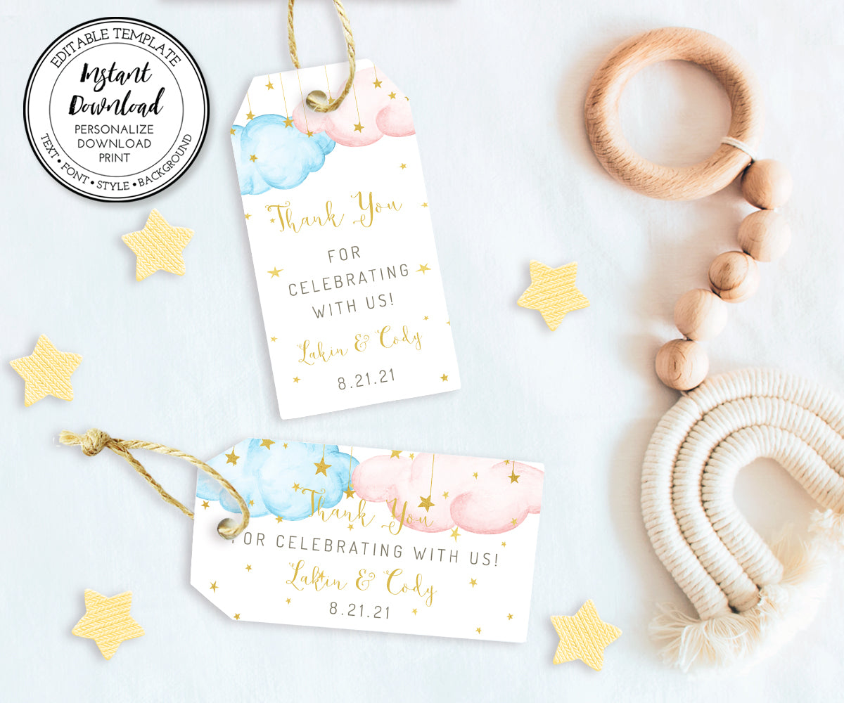 Gender reveal thank you tag, favor tag with pink and blue clouds and gold stars