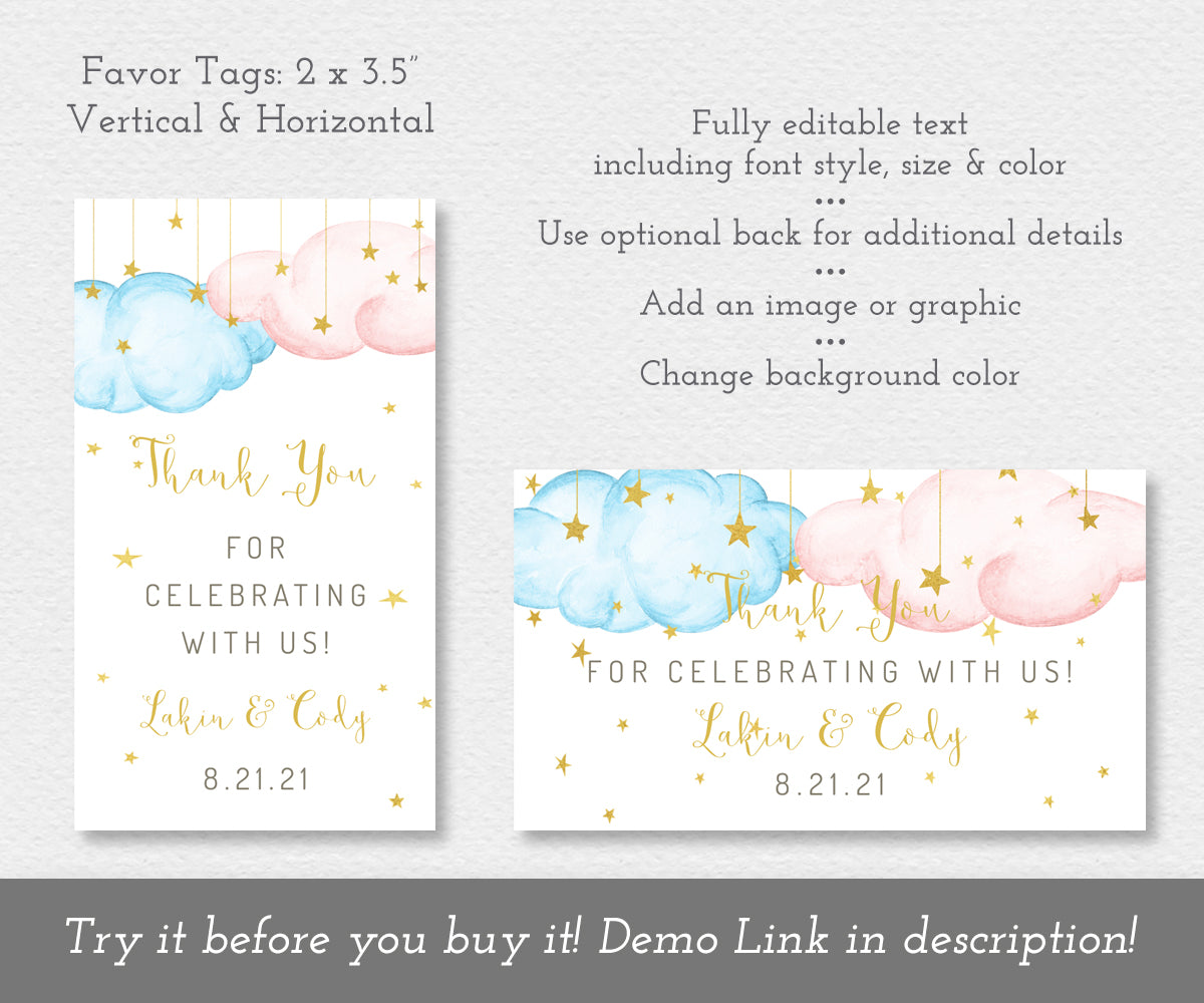 twinkle little star gender reveal favor tag templates with pink and blue clouds and gold stars