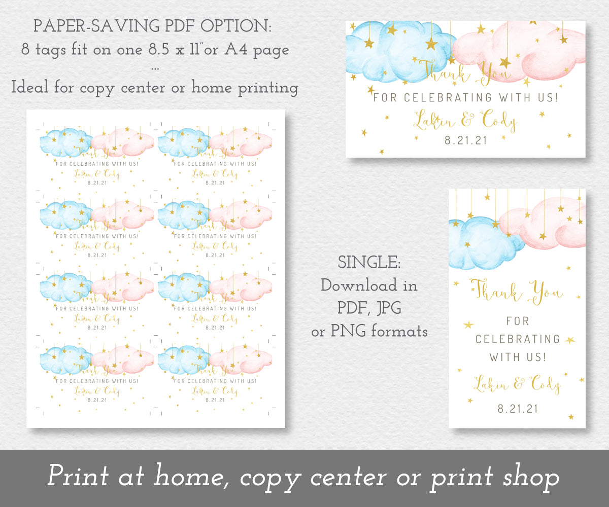 twinkle little stars gender reveal favor tags shown 8 on a page and as single tags