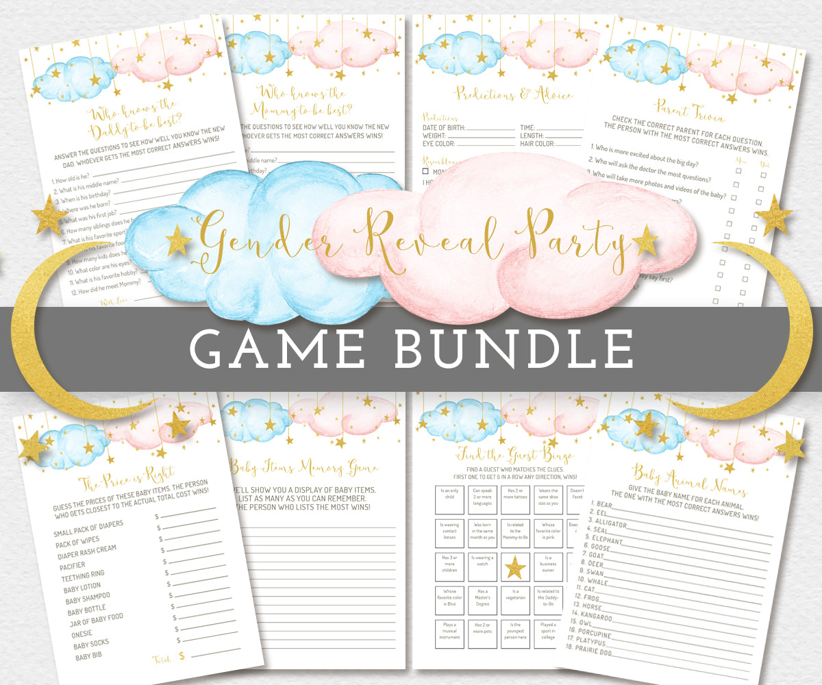Gender Reveal Party 8 Game Set, pink and blue clouds with gold stars