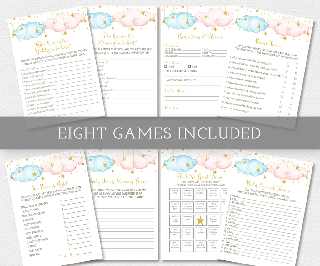 Blue and pink with gold stars 8 game set of gender reveal or baby shower games