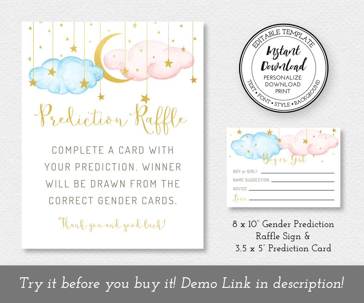 Baby Gender Prediction raffle sign and entry card, twinkle little star theme with pink and blue clouds, gold moon and stars, editable templates