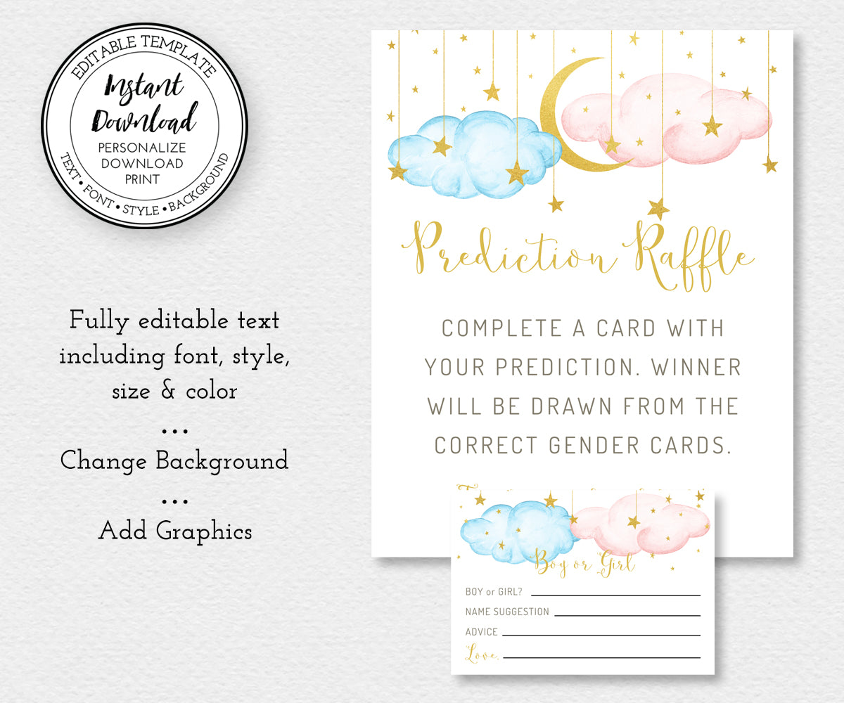 Baby Gender Prediction game sign and entry card, editable templates, pink and blue clouds with gold moon and stars