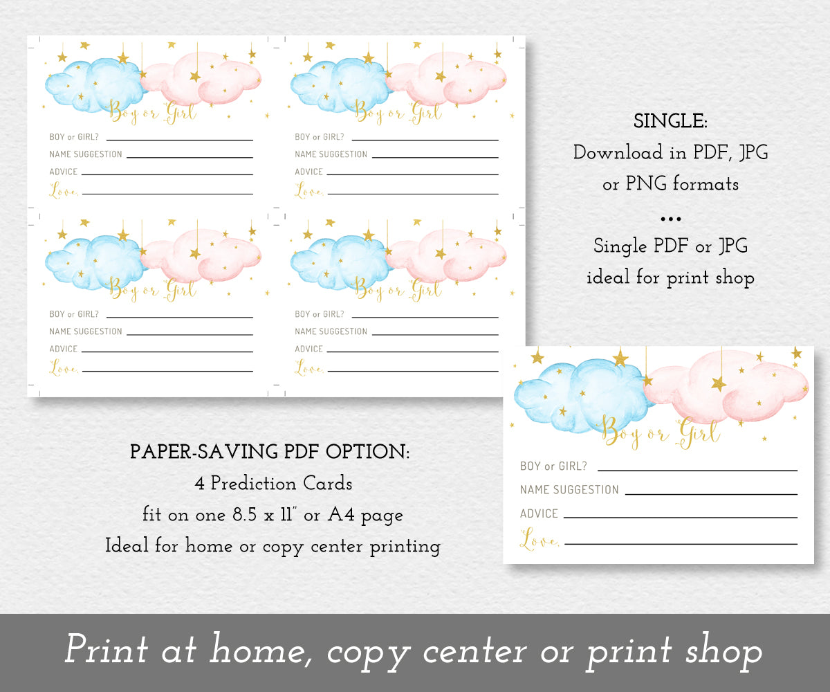 baby gender prediction raffle entry cards shown 4 on a page to save paper and as a single card, pink and blue clouds with gold moon and stars, twinkle little star theme