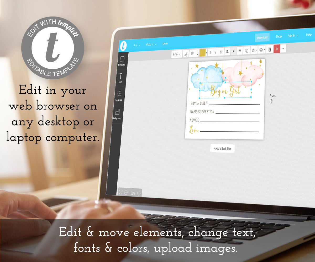 gender reveal raffle ticket being edited on a laptop using templett online software
