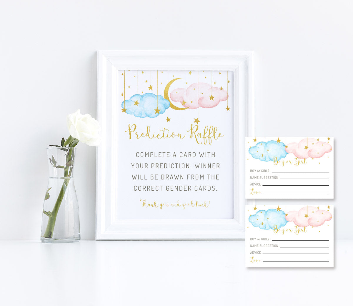 Twinkle twinkle little star baby gender prediction game and entry card, blue and pink clouds with a gold moon and stars, editable templates from Artful Life Designs