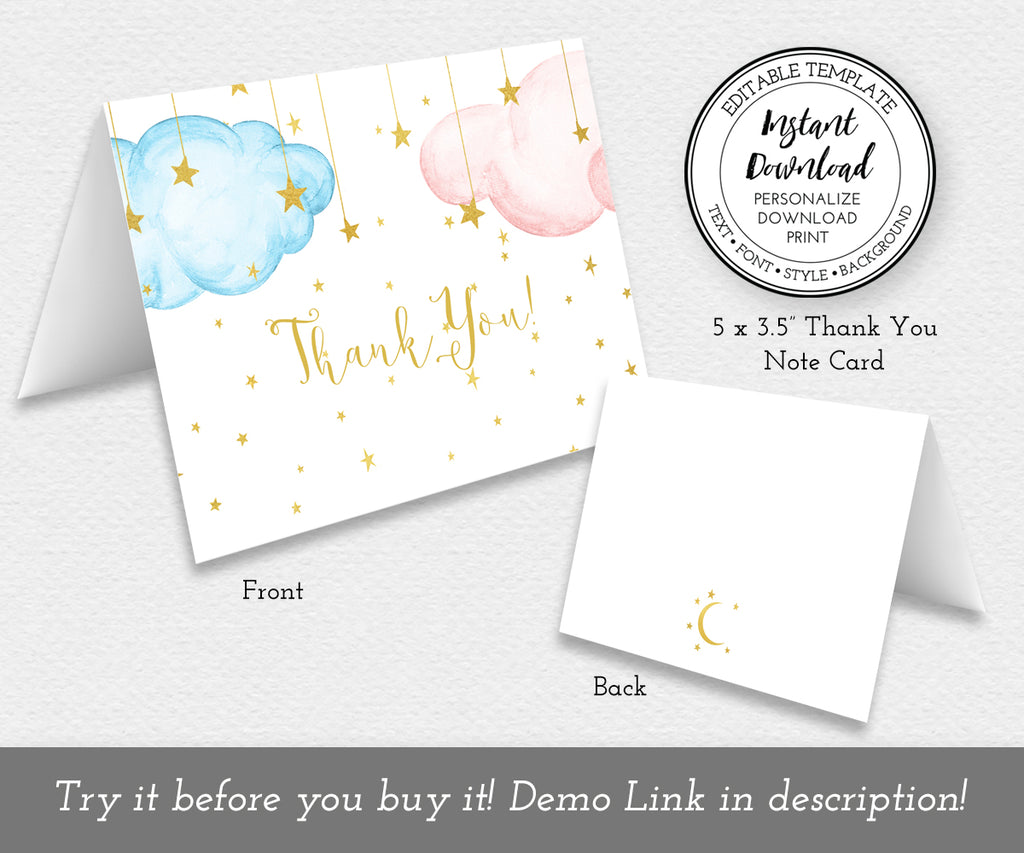 5 x 3.5" thank you note card shown folded front and back views, pink and blue clouds with gold stars