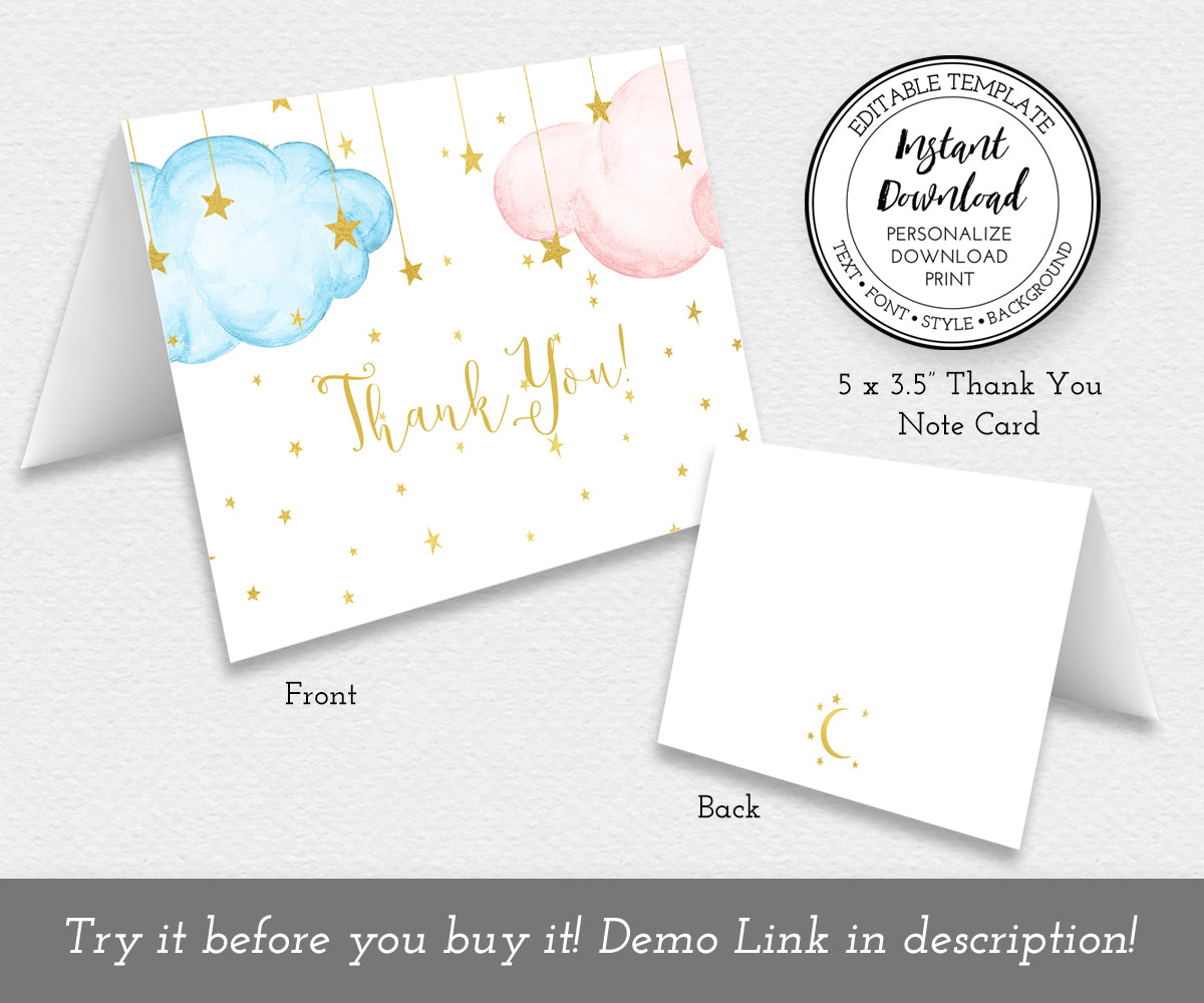 Twinkle little star gender reveal folded thank you card with blue and pink clouds and gold stars.