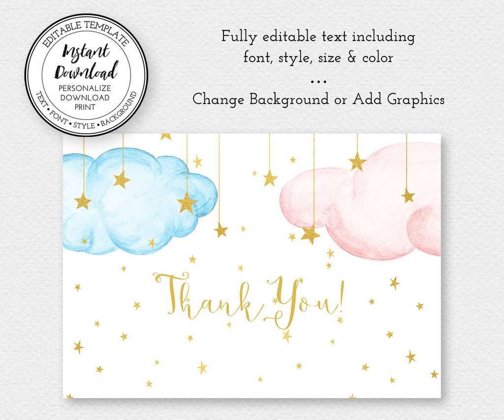 Thank you card editable template with blue and pink clouds and gold stars