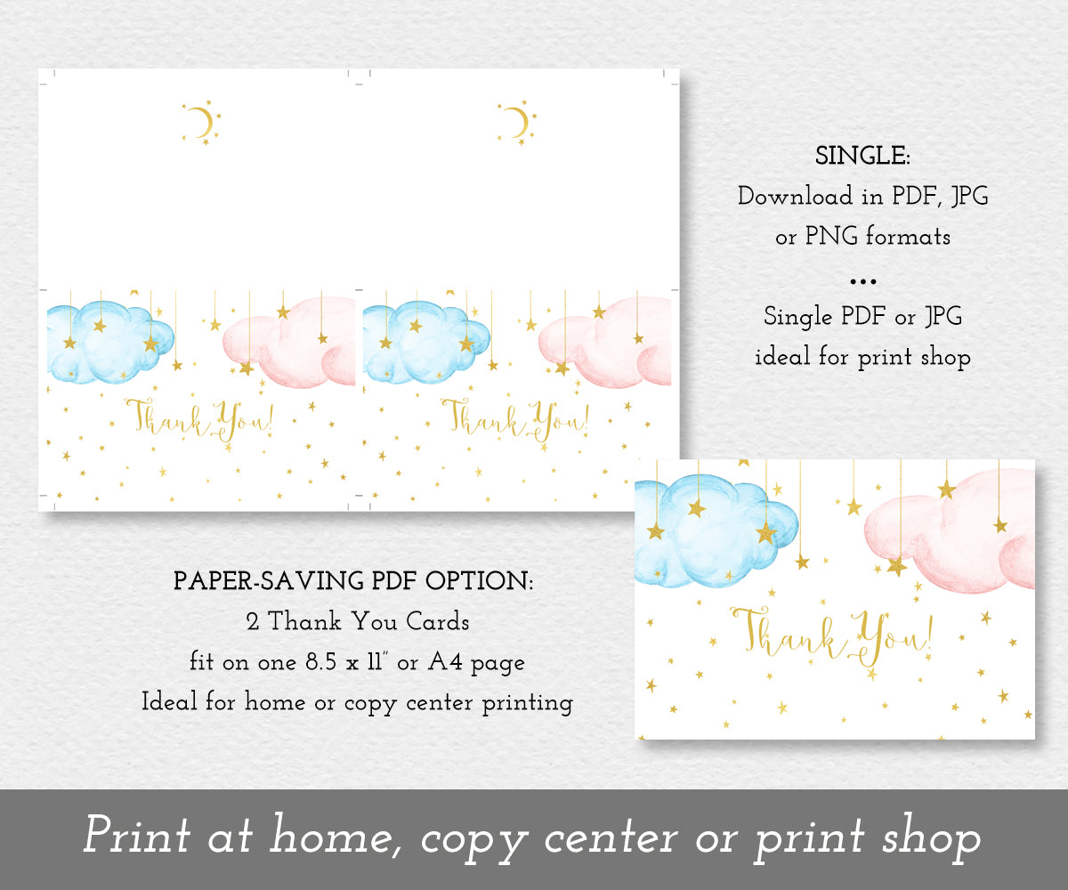 Download options for pink and blue gender reveal thank you card, two per sheet or single.