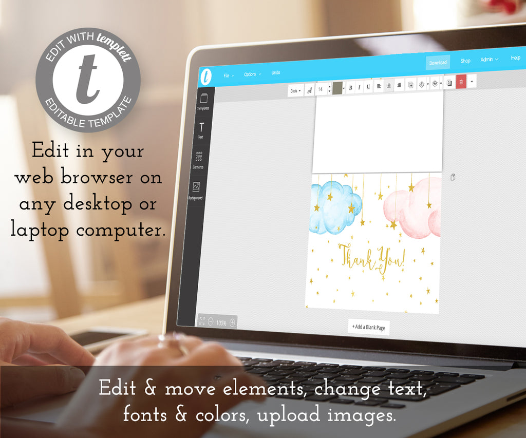 twinkle little star thank you note card being edited on a laptop using templett online software