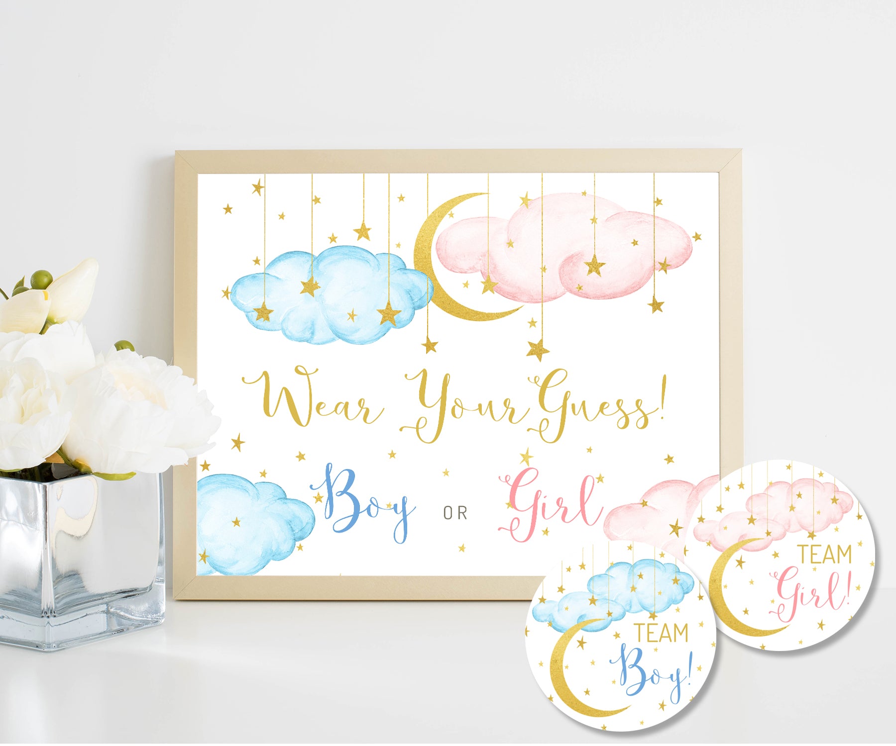 Pink blue clouds with gold moon and stars, wear your guess sign and team boy and girl stickers