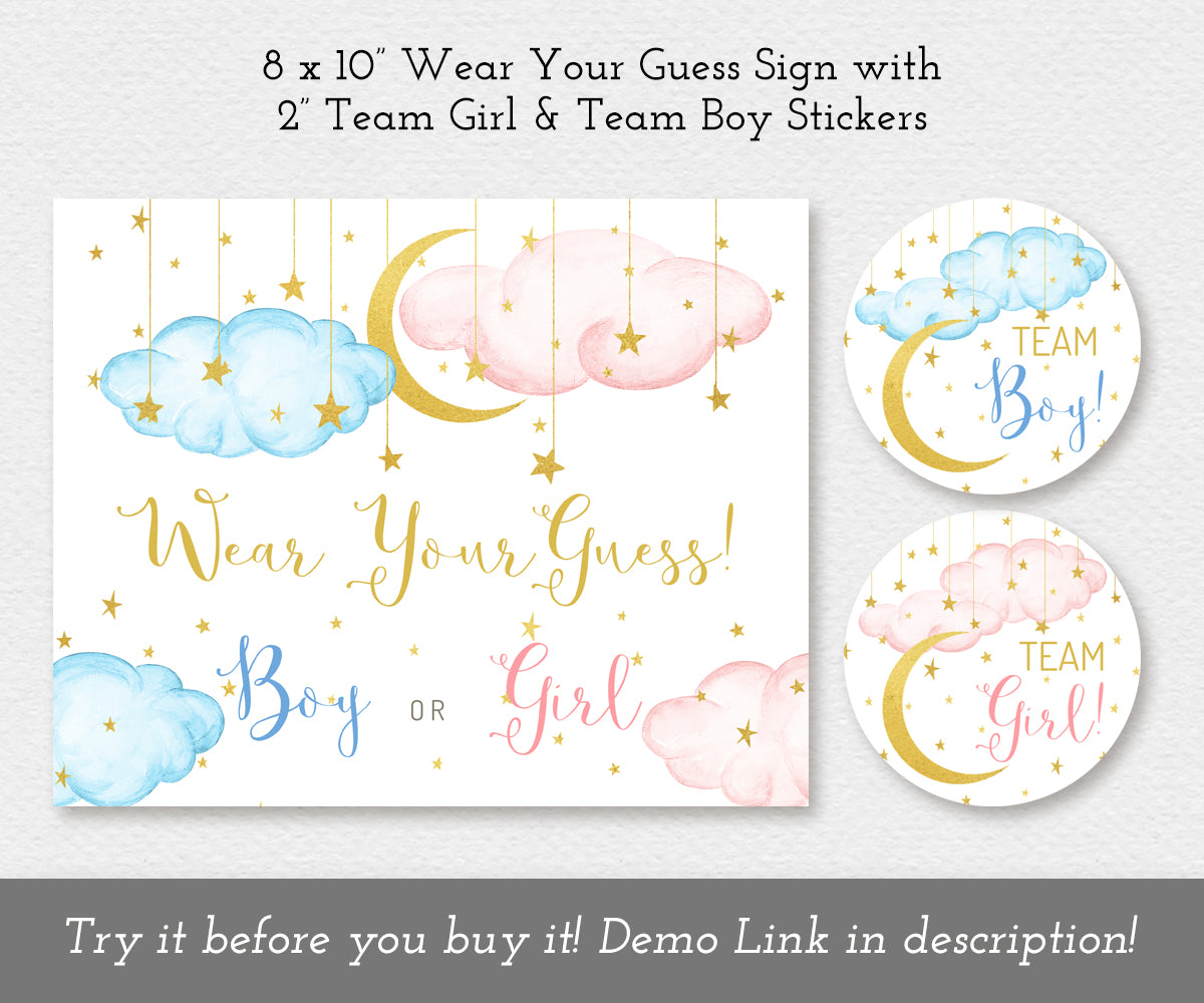 Wear Your Guess sign with Team boy and Team girl stickers with blue and pink clouds, gold moon and stars, twinkle little star theme baby shower or gender reveal game