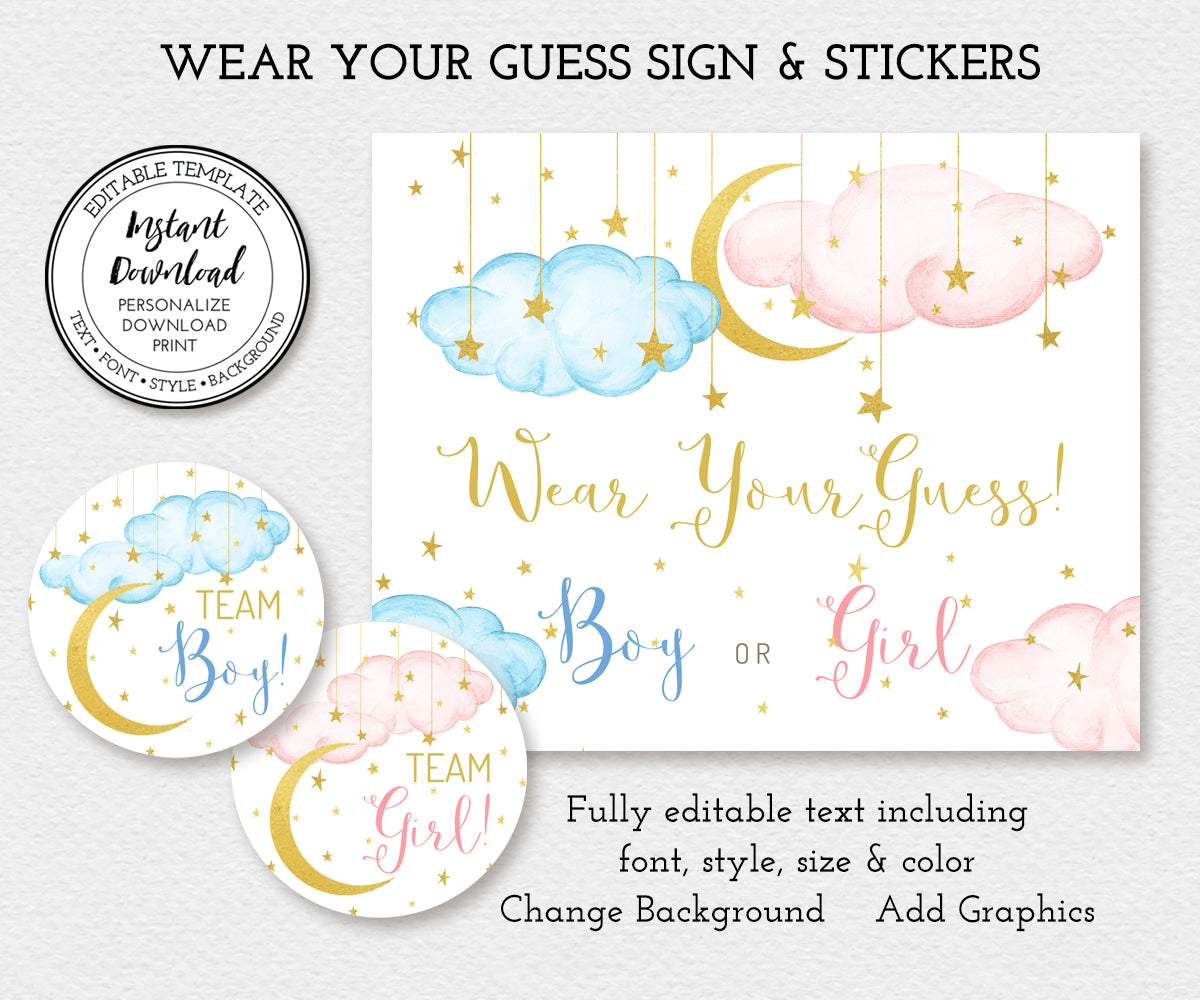 Wear Your Guess sign with Team boy and Team girl stickers with blue and pink clouds, gold moon and stars, twinkle little star theme editable templates