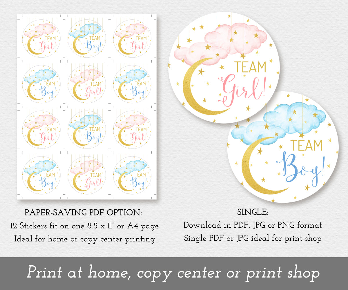 team boy and team girl stickers shown 12 on a page to save paper and as individual stickers, twinkle little star theme, pink blue clouds with gold moon and stars