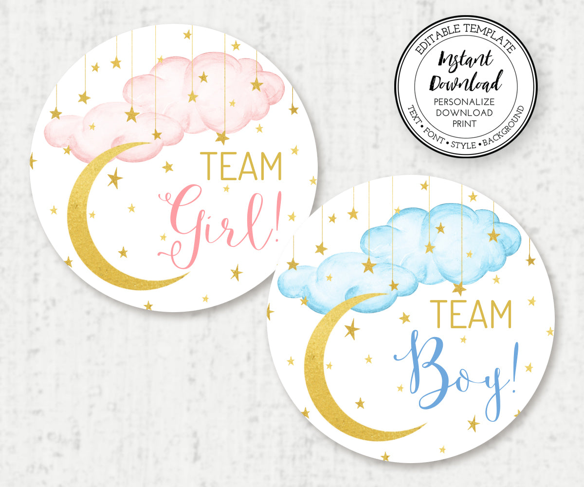 Team Girl and Team Boy stickers with pink and blue clouds and gold moon and stars for baby shower game