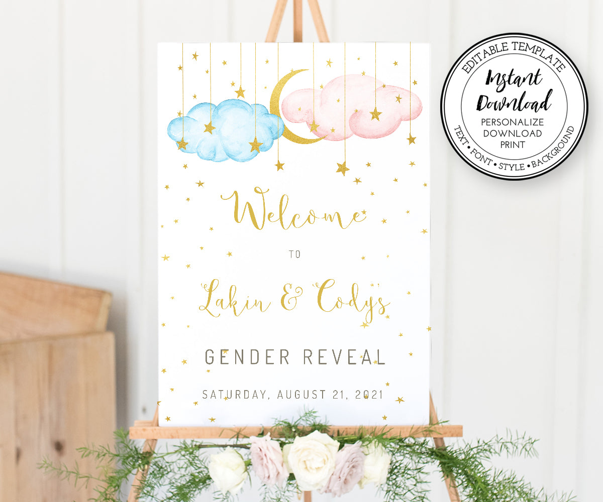 Gender Reveal Welcome sign with pink and blue clouds, gold moon and stars, twinkle little star theme