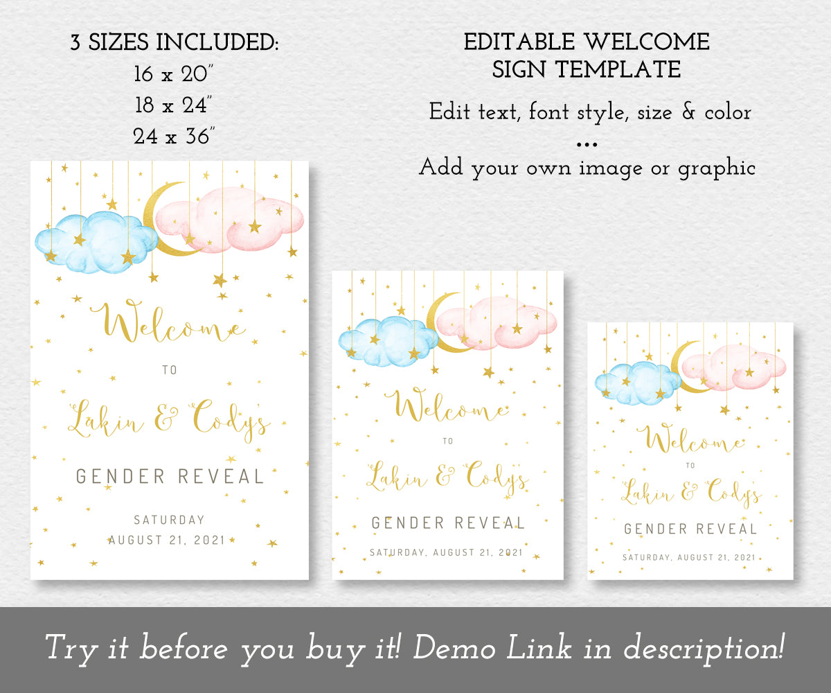 Editable Gender reveal welcome sign in three sizes, pink and blue clouds with gold moon and stars, twinkle little star theme