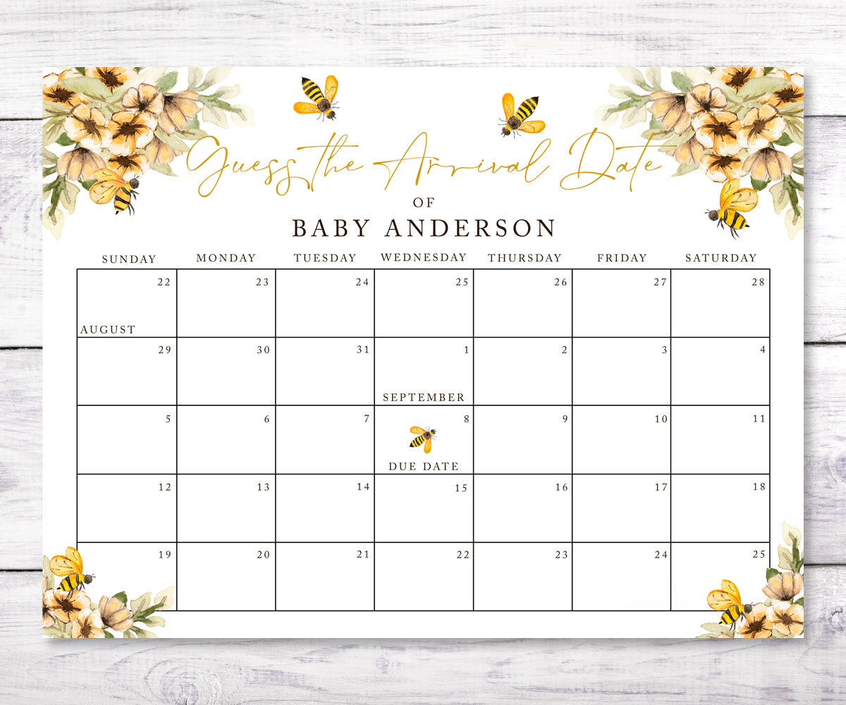 Honey Bee Baby Due Date Calendar, Guess Baby Arrival Date, Baby Birthd - Artful Life Designs honey-bee-baby-due-date-calendar-guess-baby-arrival-date-baby-birthd-artful-life-designs