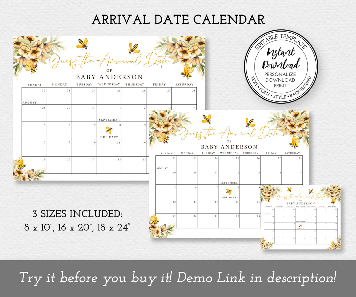 Bee and yellow flowers baby due date, guess babys birthday, arrival date calendar template in 3 sizes