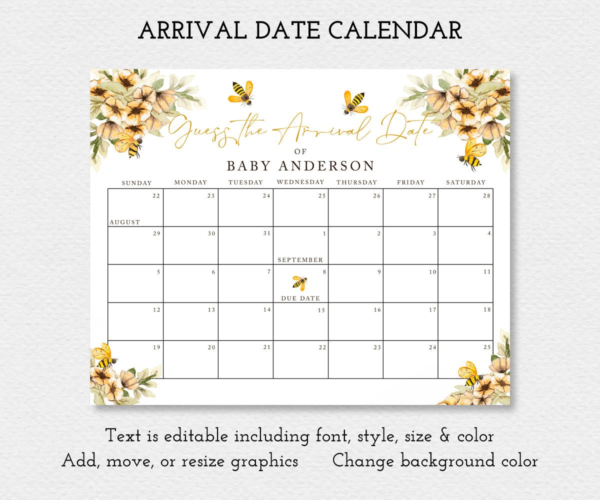 Arrival Date Calendar, guess the baby's arrival date baby shower game or gender reveal game, calendar has yellow flowers and honey bees