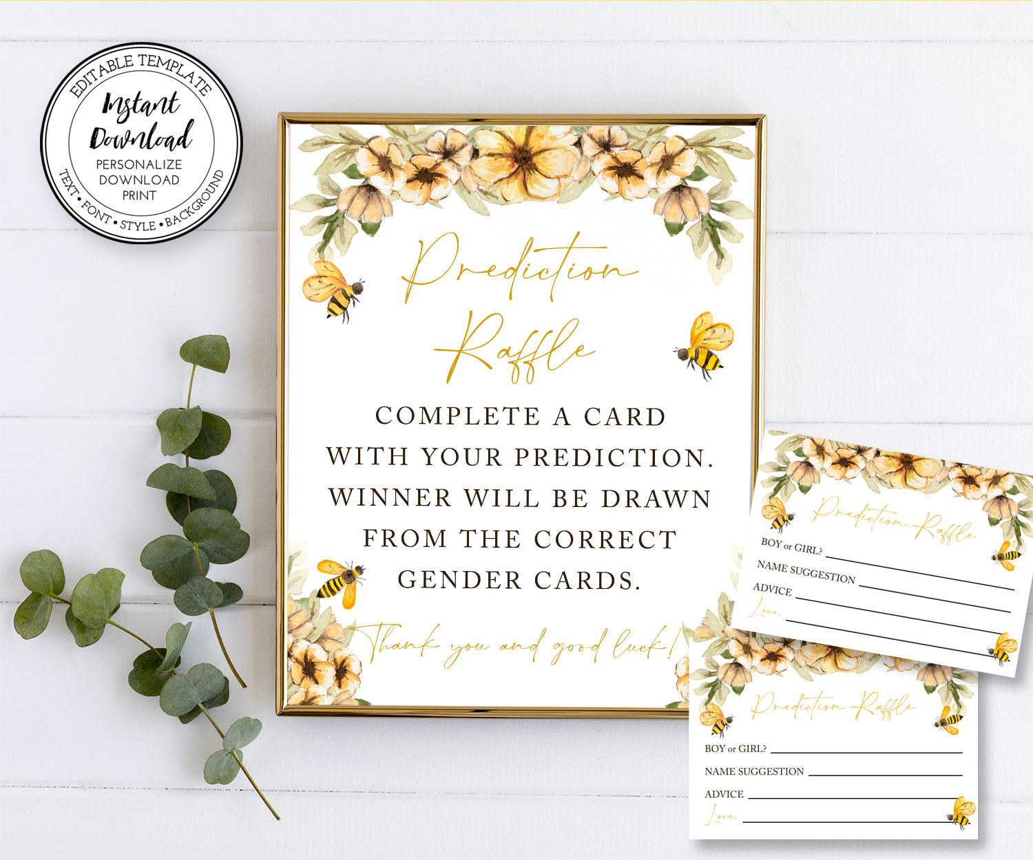 Bee baby shower game, bee gender reveal game,  Baby Gender Prediction Raffle Game and entry cards