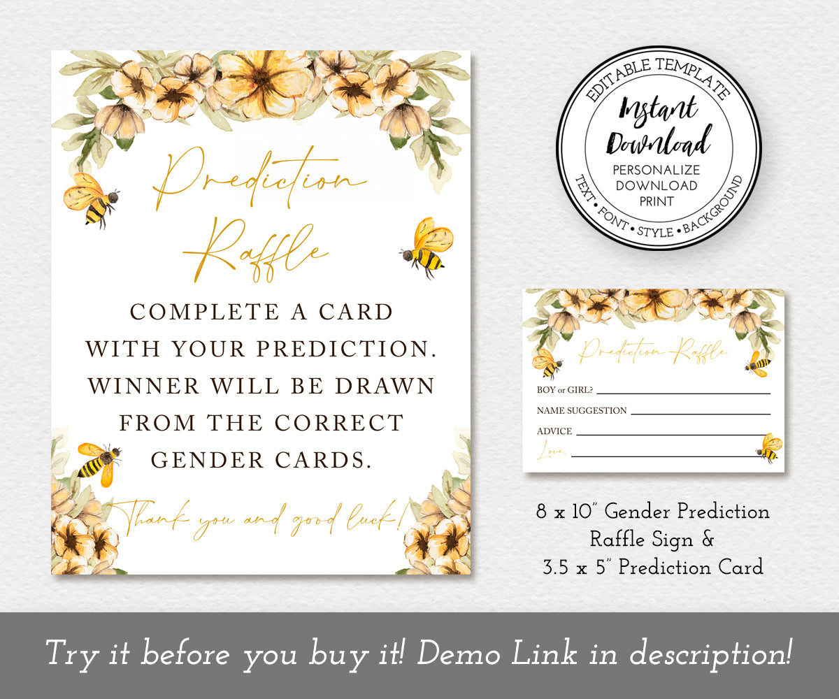 Bee baby shower game, bee gender reveal game,  Baby Gender Prediction Raffle Game and entry card, editable templates