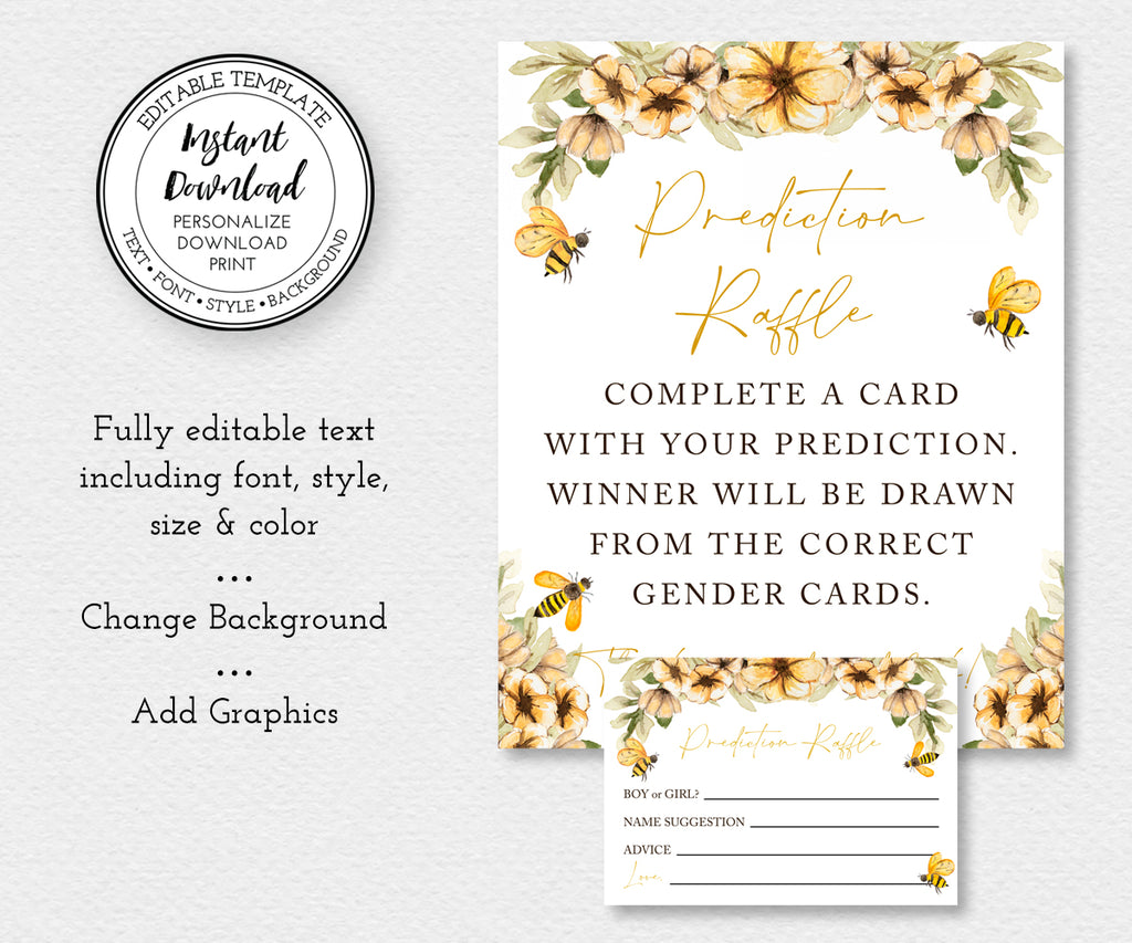 Bee baby shower game, bee gender reveal game,  Baby Gender Prediction Raffle Game and entry cards, editable text, change background or add graphics
