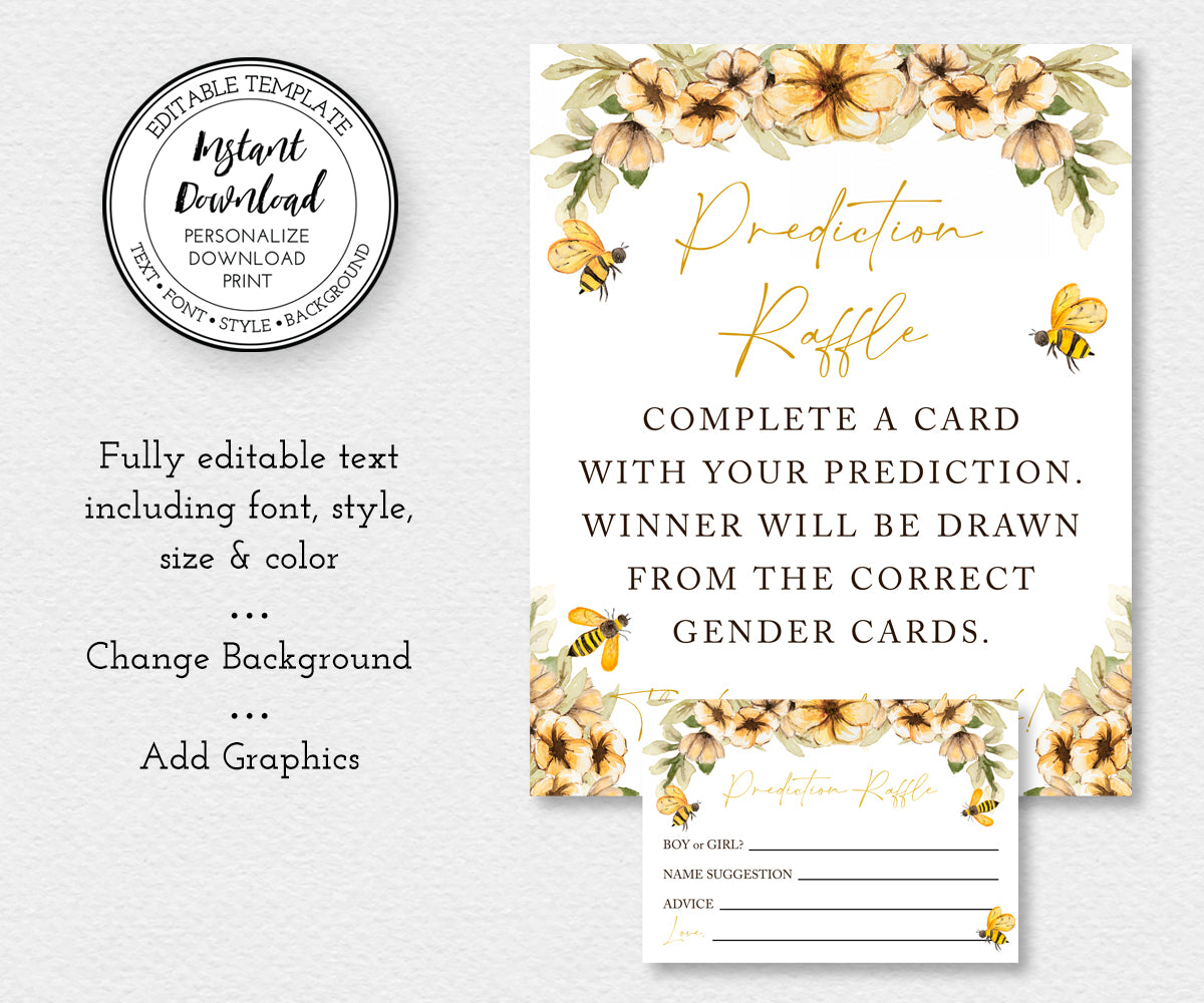Bee baby shower game, bee gender reveal game,  Baby Gender Prediction Raffle Game and entry cards, editable text, change background or add graphics