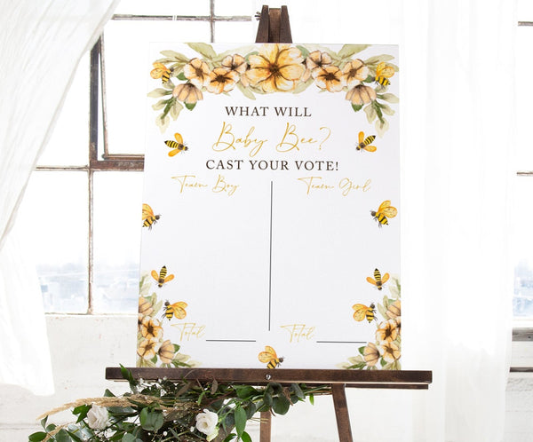 What will baby bee, Gender reveal voting sign with yellow flowers and honey bees, guess babys gender game sign