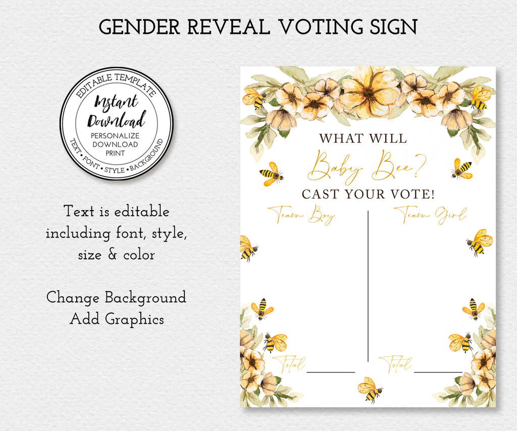 What will baby bee, Gender reveal voting sign with yellow flowers and honey bees, guess babys gender game sign, editable template