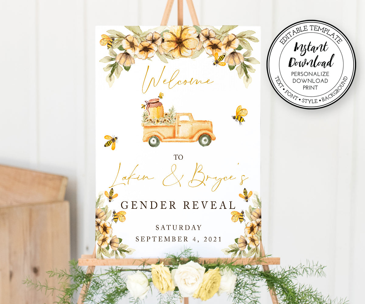 Bee Gender Reveal Welcome sign with vintage truck, honey jar, honey bees and yellow flowers
