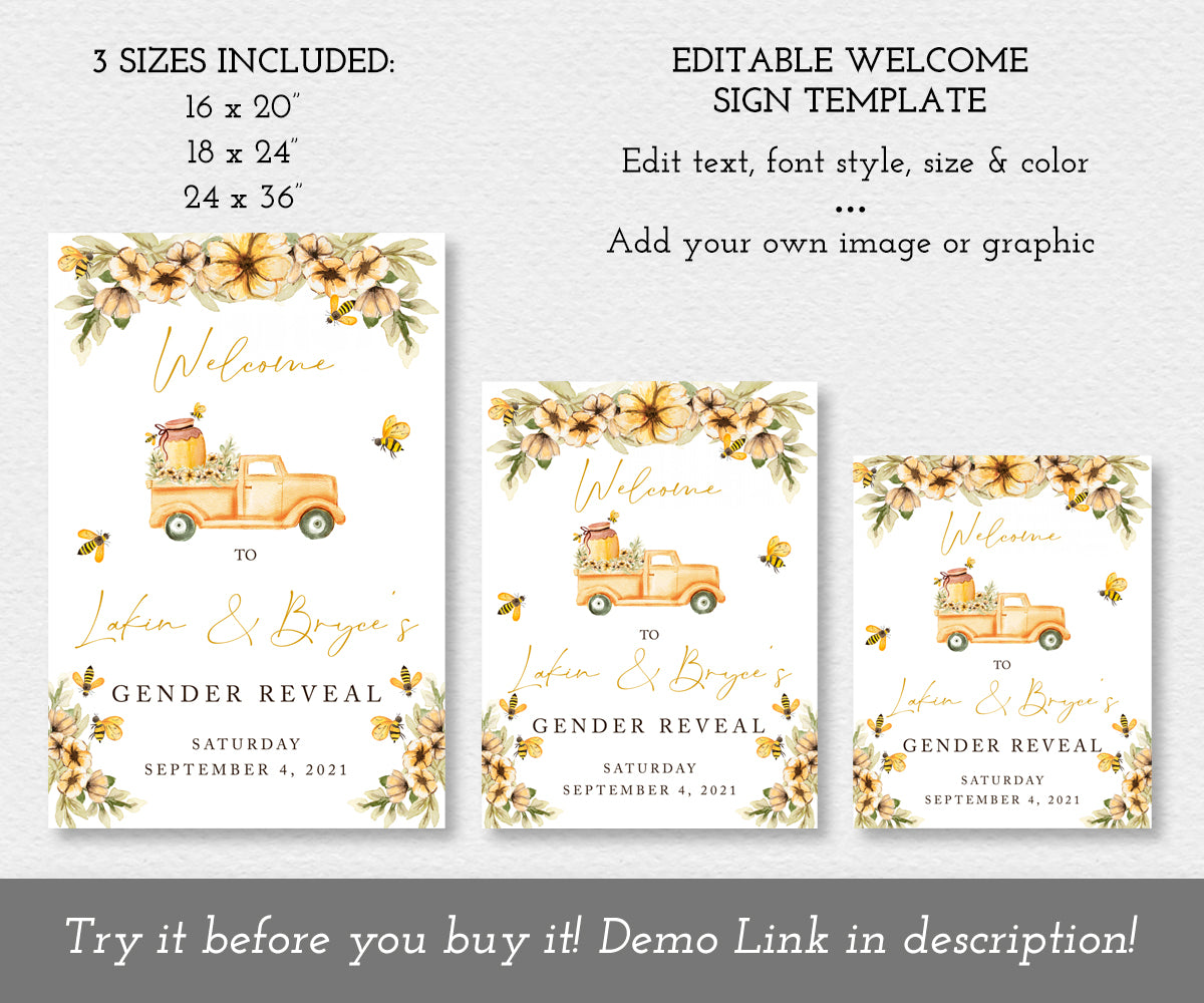 Bee Gender Reveal Welcome sign with vintage truck, honey jar, honey bees and yellow flowers shown in three sizes, editable templates