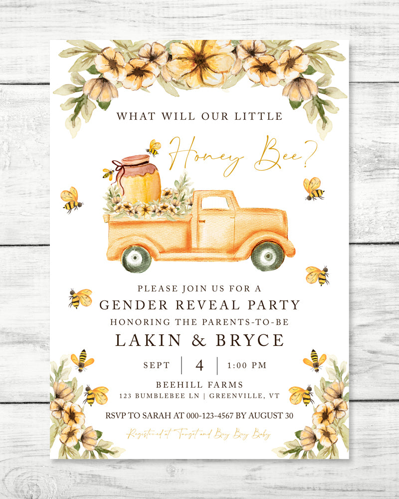 Honey bee gender reveal invitation with yellow flowers, bees, honey jar in a vintage truck
