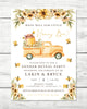 Honey bee gender reveal invitation with yellow flowers, bees, honey jar in a vintage truck