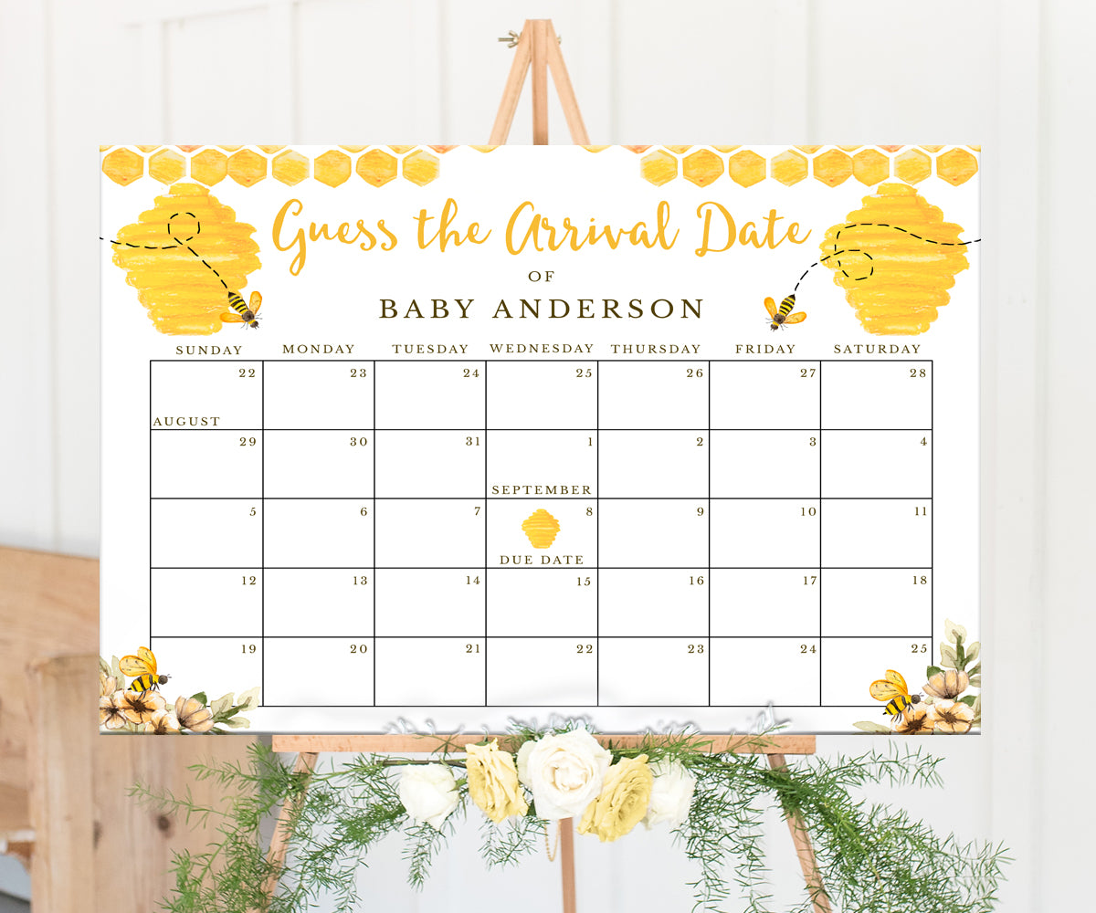 Guess the arrival date, bee baby shower due date calendar on an easel