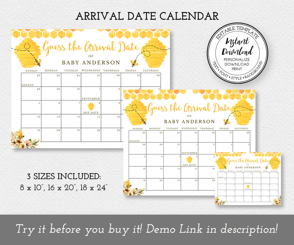 Arrival Date Calendar baby shower game shown in 3 sizes with honeycomb, beehive, bees and yellow flowers