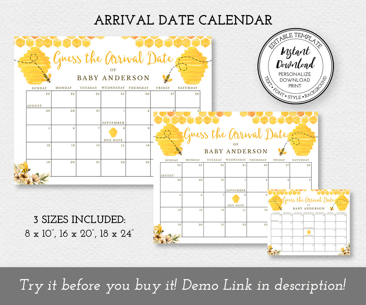 Arrival Date Calendar baby shower game shown in 3 sizes with honeycomb, beehive, bees and yellow flowers