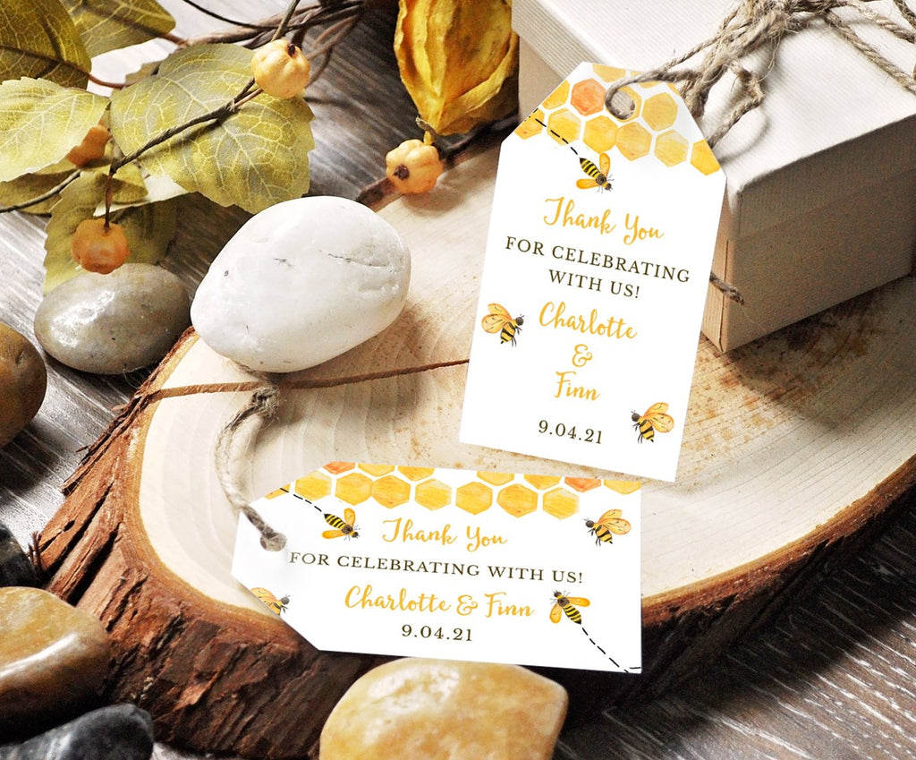 Bee Gender Reveal Favor Tags, horizontal and vertical with honeycomb and bees