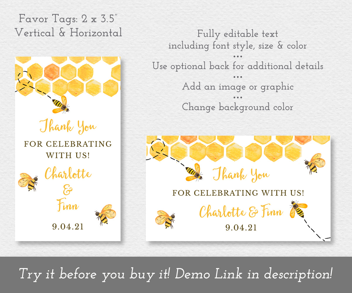 Thank you for celebrating with us Bee Gender Reveal favor tag editable templates