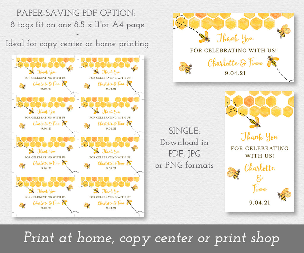 Paper saving option for bee gender reveal favor tags shown 8 tags on a sheet and as single tags