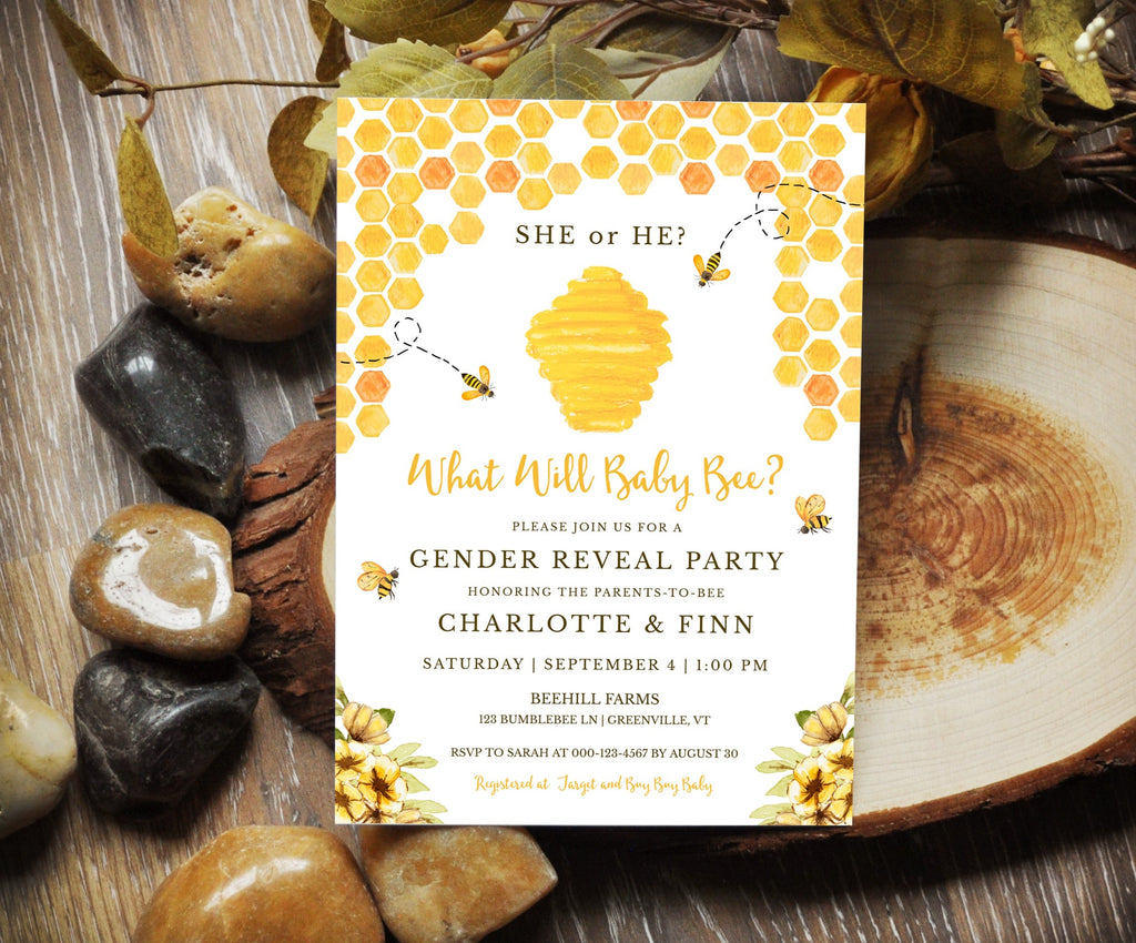 What will baby bee, gender reveal party invitation with bees, honeycomb and yellow flowers