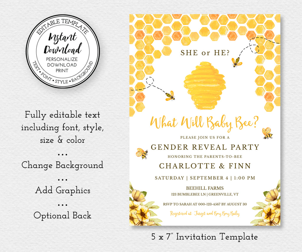 Bee Gender Reveal invitation template, editable text, and optional background, What Will Baby Bee