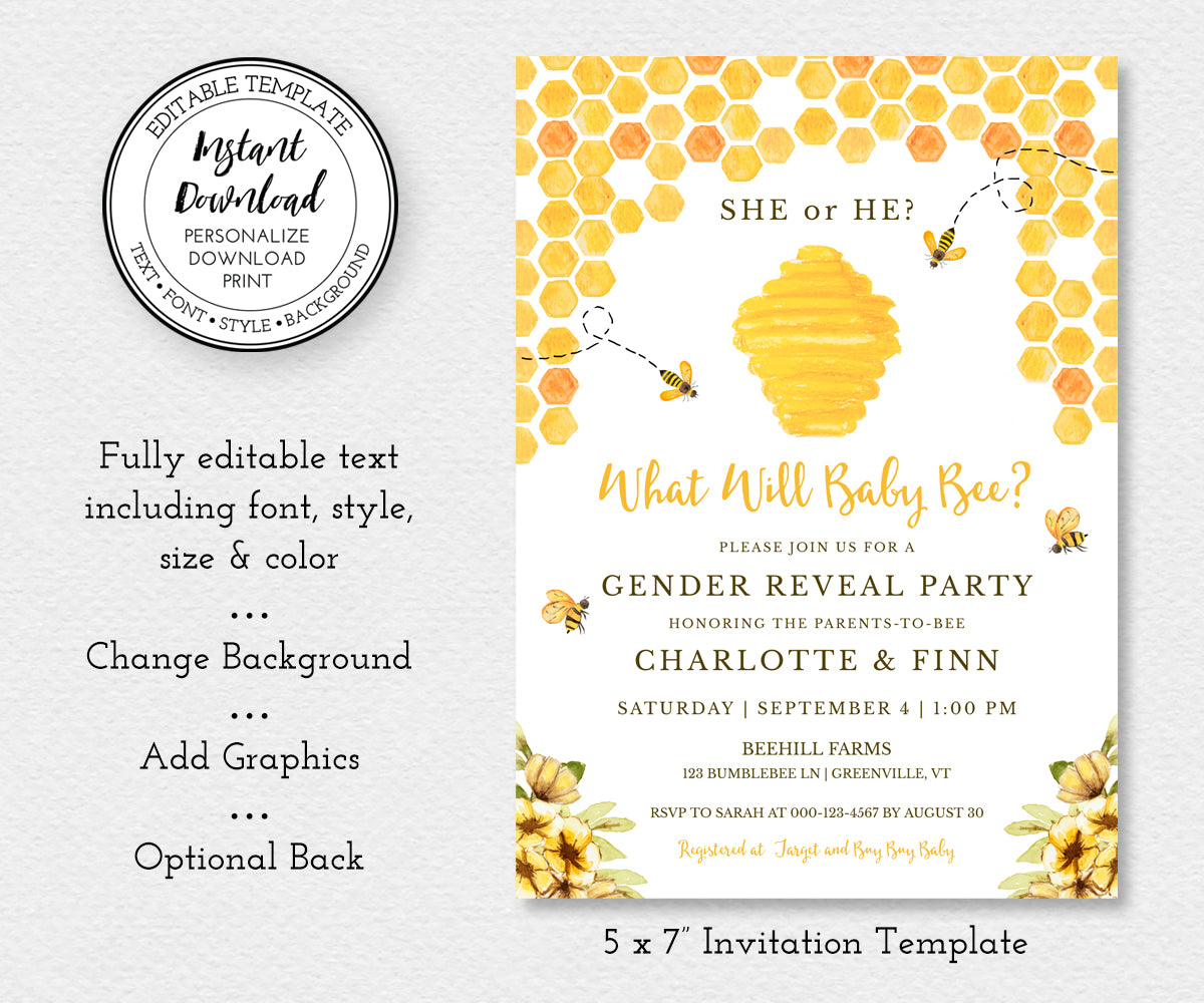 Bee Gender Reveal invitation template, editable text, and optional background, What Will Baby Bee