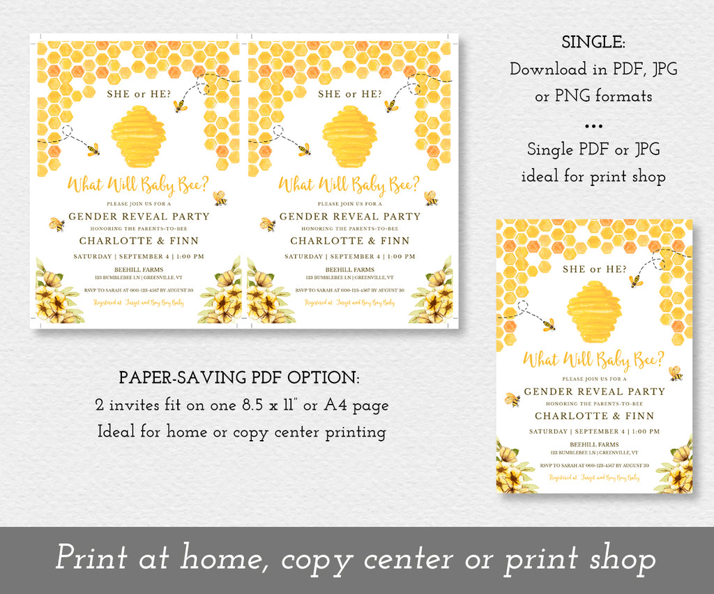 What will baby bee Gender Reveal invitation 2 up on a sheet to save paper and as a single invitation